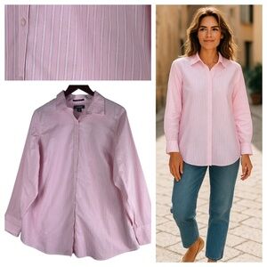 Lands End Blouse Shirt Button Down Top 18W 1X 2X Pink Striped Career Oxford CHIC